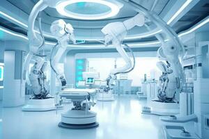 3d rendering robot working in modern operating room with medical equipment. Ai Generated photo