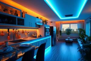 interior de moderno cocina con azul brillante luces. 3d representación ai generativo foto