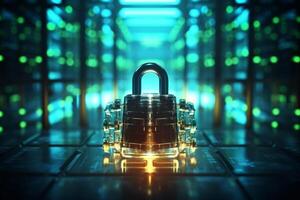 Padlock icon on blurred cityscape background, cyber security concept. double exposure photo
