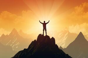 Businessman standing on top of mountain. Success and leadership concept. 3D Rendering photo