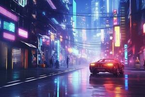 Night city street with cars and neon lights. 3D Rendering photo