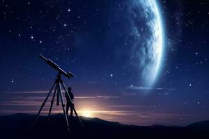silueta de fotógrafo con cámara en trípode en contra noche cielo antecedentes ai generado foto