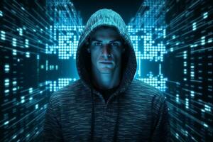 Hooded hacker with binary code on a dark blue background. Ai Generative photo