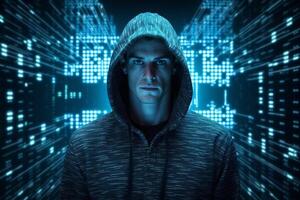 Hooded hacker with binary code on a dark blue background. photo