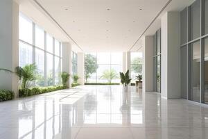 Interior of modern office with white walls, tiled floor, panoramic windows and daylight. 3d rendering photo