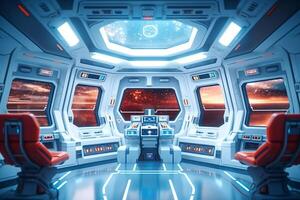 Spaceship interior with view on space and planets. Mixed media photo