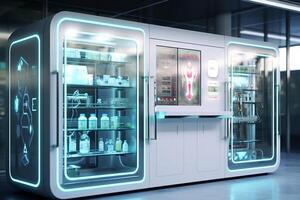 3D rendering of a futuristic refrigerator in a hospital with neon lights Ai Generative photo