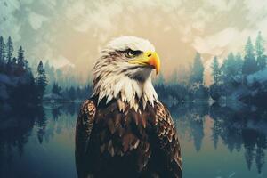 Bald Eagle in the mountains. 3D illustration. Vintage style. Ai Generated photo