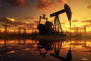 Oil pumps in oilfield at sunset. 3d render illustration. photo