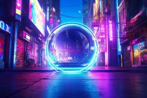 Neon tunnel in the city at night. 3d rendering. Ai generated photo