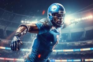 American football player in action on stadium background. 3D rendering. photo