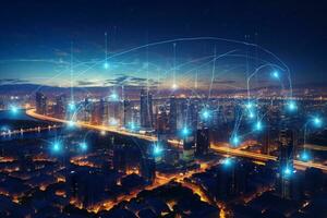 Abstract night city with lights and connection lines. 3D Rendering photo