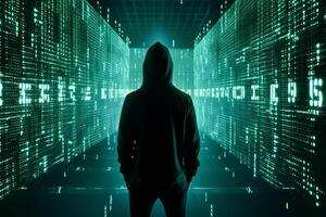 Hooded hacker in front of binary code background. Hacking concept photo