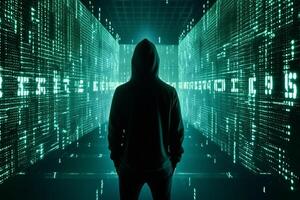 Hooded hacker in front of binary code background. Hacking concept Ai Generative photo