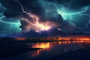 Lightning in the night sky over the river. 3d rendering photo