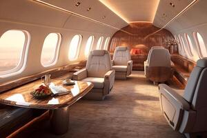 Modern Interior of airplane with seats and window view. 3d rendering photo