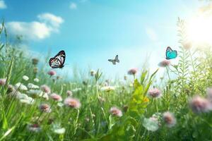 verano prado con flores y mariposa. naturaleza antecedentes. 3d hacer ai generativo foto