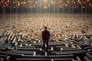 Businessman standing in a middle of a labyrinth. 3D rendering Ai Generated photo