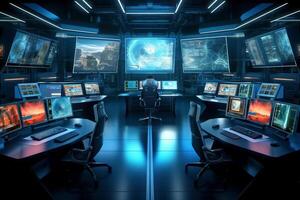 Interior of a control room with computers and screens. 3D rendering photo
