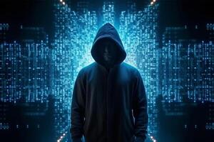 encapuchado hacker en frente de binario código antecedentes. hackear concepto ai generativo foto