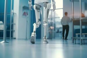 robot caminando en muletas en el hospital, de cerca ai generativo foto