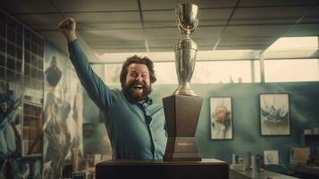 A Joyful Employee Grasps a Trophy for Outstanding Achievement at the Office photo