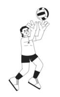 Strong asian girl tossing ball monochromatic flat vector character. Playing volleyball. Training. Editable thin line full body person on white. Simple bw cartoon spot image for web graphic design