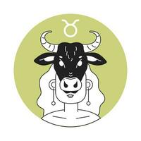 Taurus zodiac monochrome round vector spot illustration. Cow skull on woman face 2D flat bw cartoon character for web UI design. Astrology isolated editable hand drawn hero image