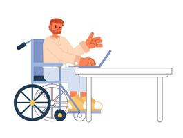 Bearded caucasian wheelchair man on laptop 2D cartoon character. Disabled beard guy working notebook isolated vector person white background. Work from home. Remote job color flat spot illustration