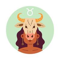 Taurus zodiac flat round vector spot illustration. Cow skull on woman face 2D cartoon character on white for web UI design. Astrology isolated editable creative hero image