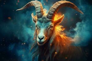 Fantasy illustration of a goat with blue hair and blue eyes. Ai generated photo