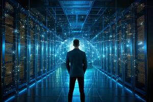 Back view of businessman standing in server room with binary code. Innovation concept photo