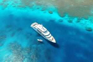 Aerial view of luxury yacht in tropical lagoon. Luxury yachts on coral reef. Ai Generated photo