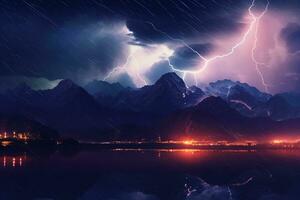 Lightning in the night sky over the river. 3d rendering photo