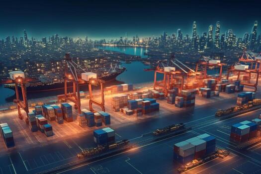 Container Cargo freight ship with working crane bridge background at dusk for Logistic Import Export photo