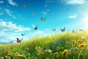 Summer meadow with flowers and butterfly. Nature background. 3d render Ai Generative photo