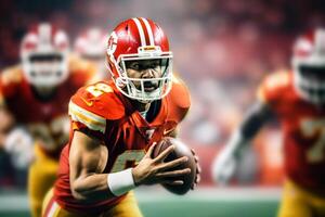 American football player in red jersey and helmet with ball on the field photo