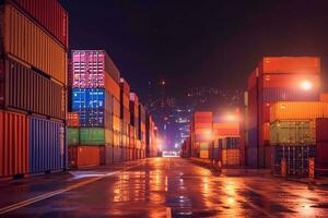 Cargo port with container cargo freight ship at night for Logistic Import Export background Ai Generated photo