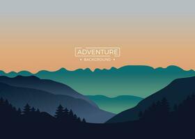 Landscape adventure mountains sunset background with red light reflection. vector