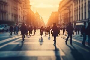 Blurred image of business people walking in the lobby of a modern office building photo