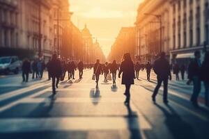 borroso imagen de negocio personas caminando en el vestíbulo de un moderno oficina edificio generativo ai foto