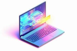 Isometric laptop with a circuit board on the background of the city. Vector illustration. photo