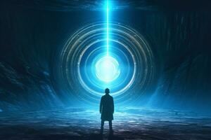 Man standing in the dark tunnel with glowing light. Futuristic concept Ai Generated photo