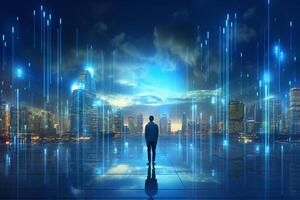 Back view of businessman looking at night city and binary code concept. 3D Rendering photo