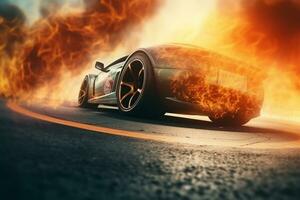 Burning sport car on the road. 3d rendering image. Ai generated photo