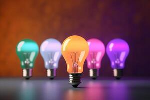 Idea concept with fluorescent light colorful bulbs. 3d render illustration. photo
