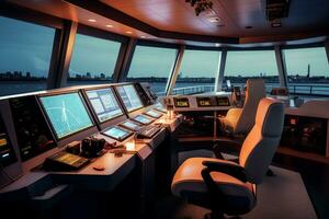 Futuristic Ship control room with computers and monitors, 3d rendering. Computer digital drawing. photo