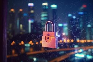 Padlock icon on blurred cityscape background, cyber security concept. double exposure photo