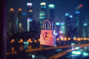 Padlock icon on blurred cityscape background, cyber security concept. double exposure Ai Generative photo