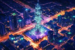 Modern Aerial view of modern city at night. 3D Rendering photo